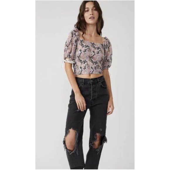 Free People Back on Top Crop Smocked Shirt Blouse Puff Sleeve Size M NWT - Picture 3 of 12